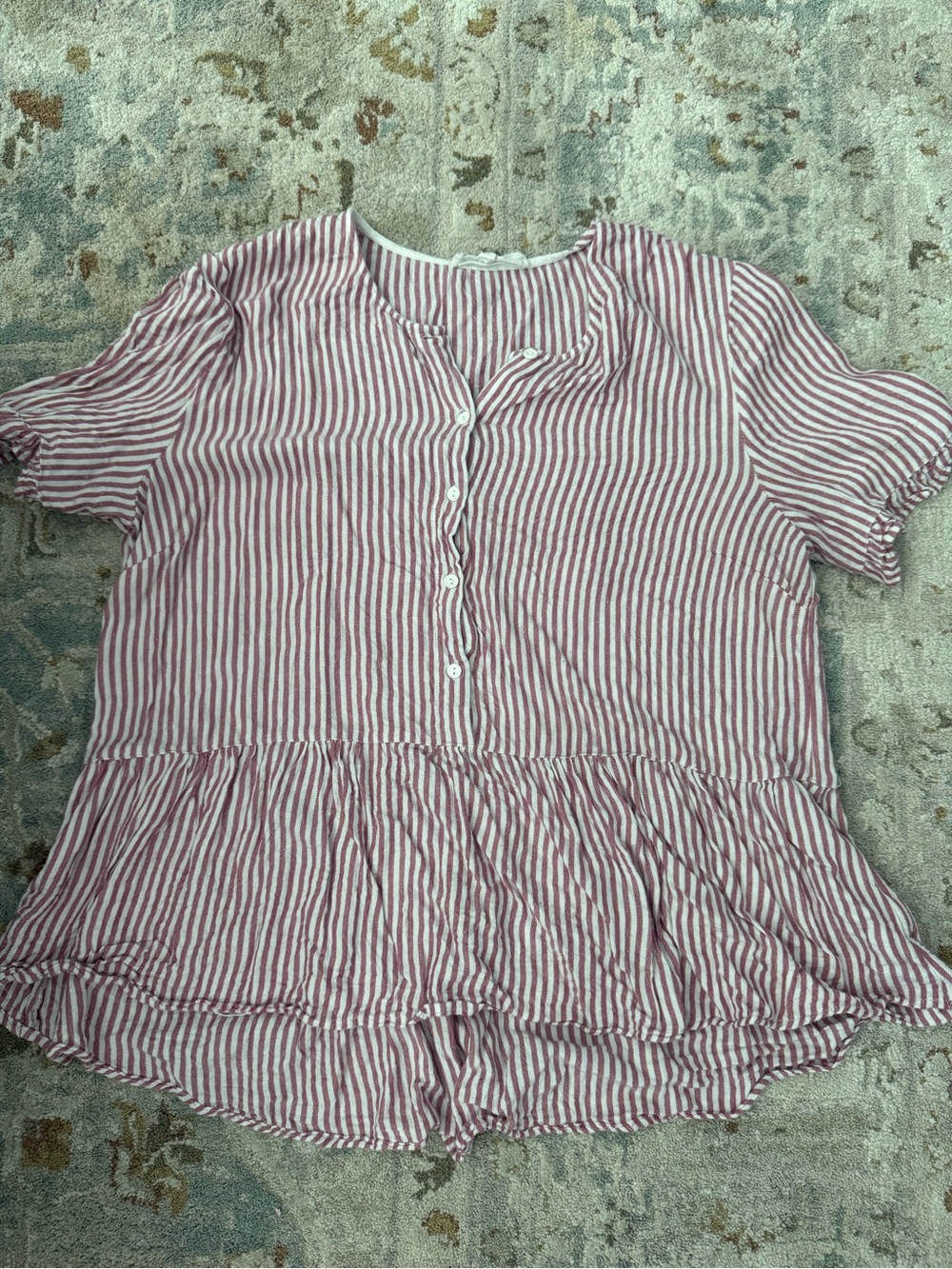 DownEast Pink and White Striped Peplum Button-Front Blouse